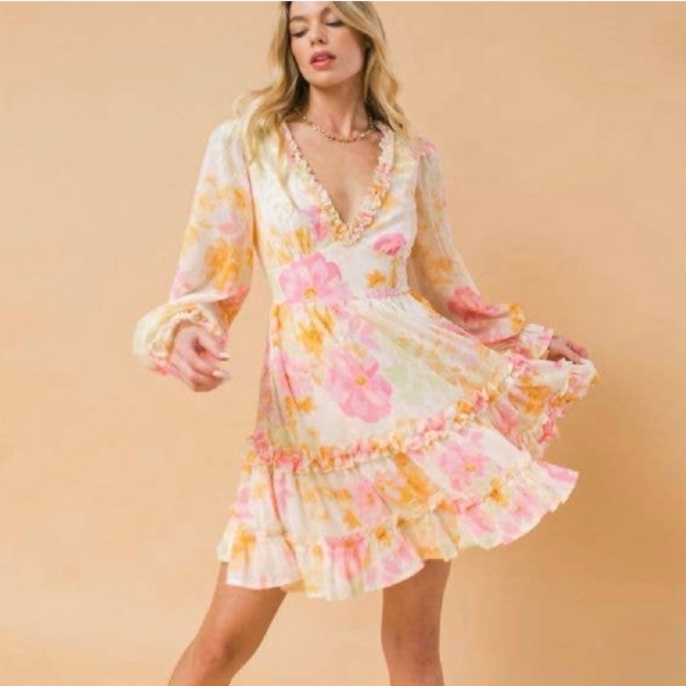 Flying Tomato Pink and Yellow Floral Long Sleeve Dress